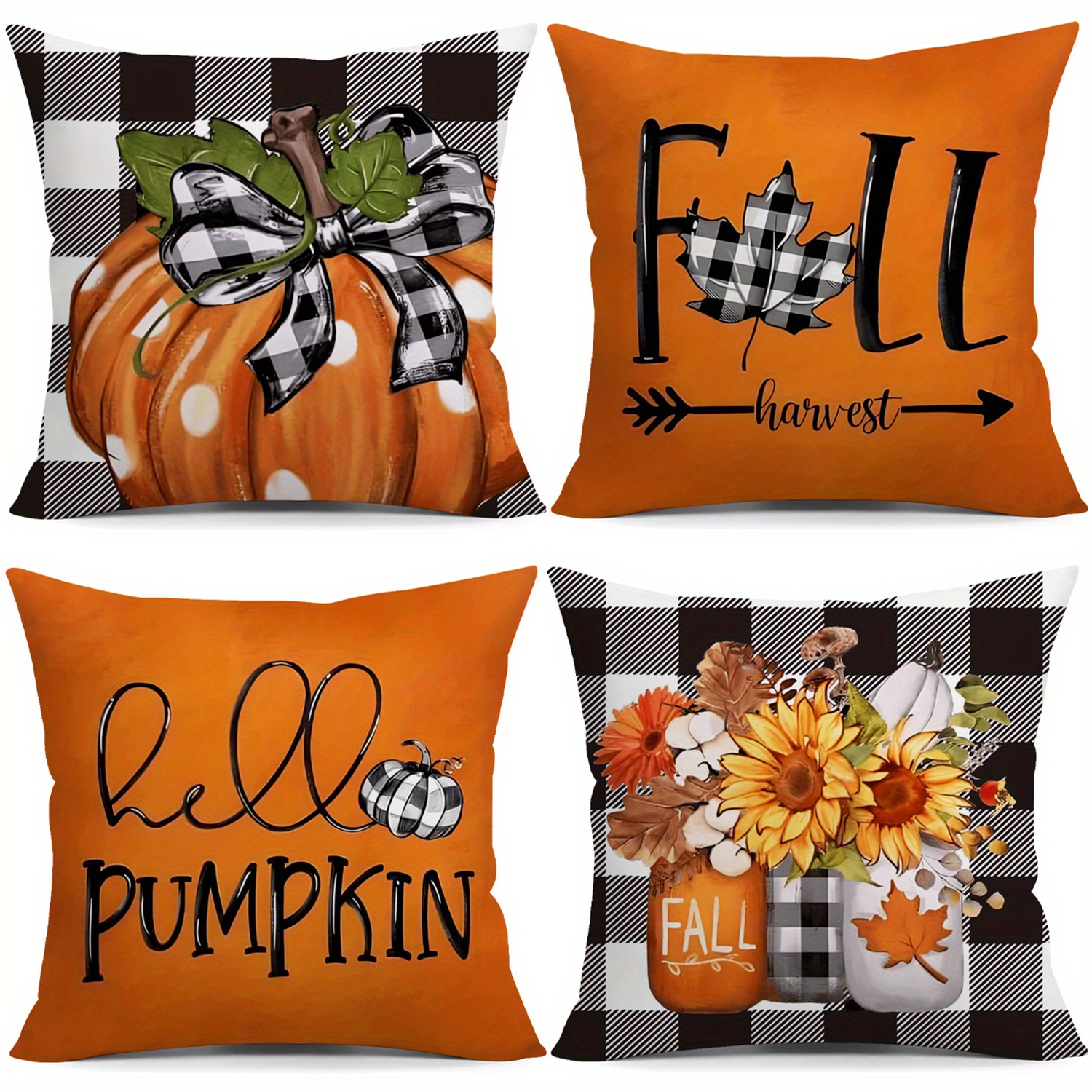TEMU 1 White Polka Dot Pumpkin Sunflower Pillow Cover, With Glass Jar, Bow And Autumn Scene, 4pcs Material, Suitable For Living Room Chair Sofa