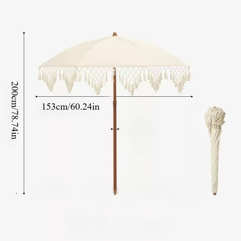 Image of Beige Outdoor Bohemian Triangle Umbrella With - Manual Open/close, Heavy-duty Oxford Fabric Canopy, 8-rib Patio Umbrella Suitable For Beach, Garden, Balcony - Portable & Easy-clean