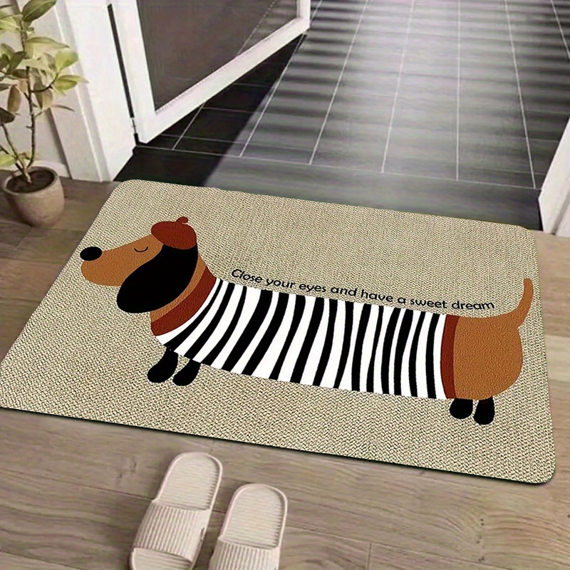TEMU Cute Cartoon Dog Floor Mat - Soft Flannel Material, Machine Washable & Quick-dry, Adorable Dachshund Design With Striped Outfit & 