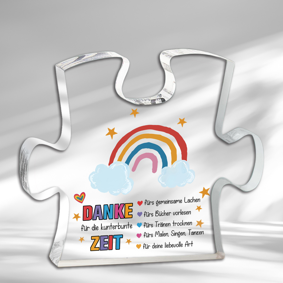 Image of [2d Flat] Acrylic Puzzle Piece Sign With Wooden Base - Vibrant Rainbow Design With "thank You For " Message - Perfect Gift For Home Decor, Desktop Decoration