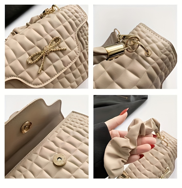 Quilted Pu Leather Handbag With Rhinestone Bow And Crossbody Strap_voghion.com