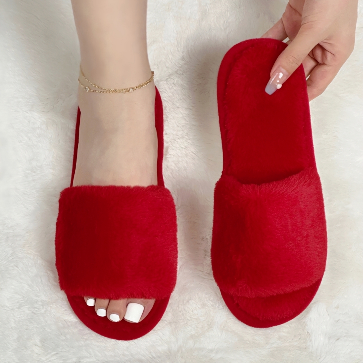 TEMU Women's Red Slippers - Autumn/winter Outdoor Slippers With Soft Sole, Plush Lining, Thickened And Warm - Indoor Slippers, Women Shoes