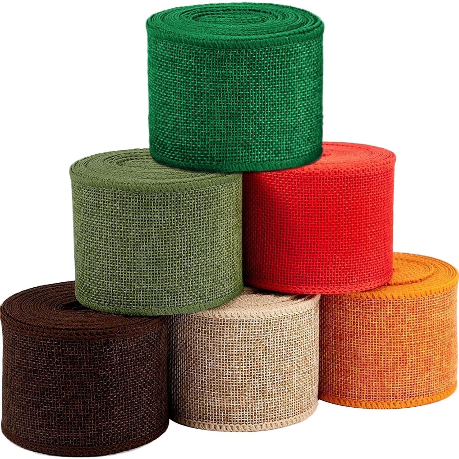 TEMU 6 Colors 5 Yards Per Roll Fall Wired Burlap Ribbon Set 2.4 Inch Wide Total 30 Yards, Army Green Light Yellow Red Green Rustic Trim, For Table