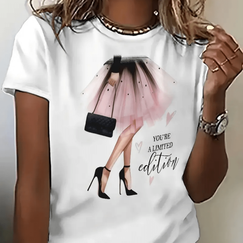 

1pc T-shirt décontracté à manches courtes pour femme avec de dessin , tissu en mélangé polyester, col rond, coupe régulière, rembourrage, T-shirt à col rond pour toutes les