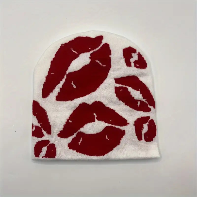 E-shop Y2K Hip-Hop Brimless Mütze mit Rotem Lippenprint – Gestrickt, geeignet für Ski, Radfahren, Outdoor-Aktivitäten – Unisex Winter-Sport & Casual