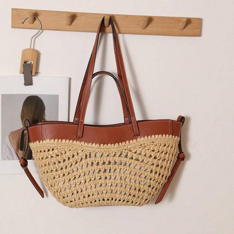 Image of Hollow Straw Woven Handbag & Shoulder Bag - Headskin/palm Fiber Tote With Zipper Closure, Oil- Edges Suitable For Beach, Vacation, Everyday Use, Rustic Bag