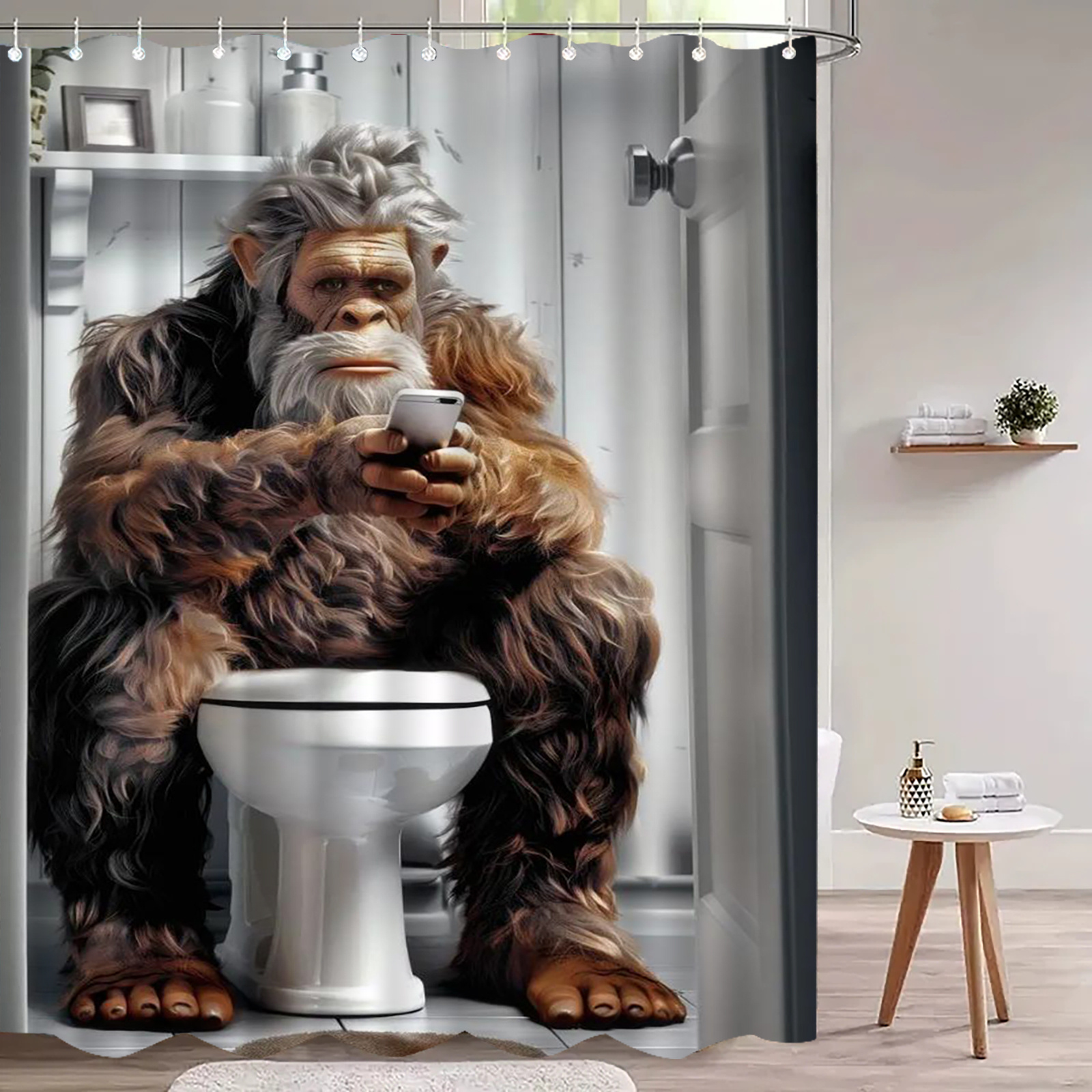 Gorilla-Themed Shower Curtain with Mobile Phone Design