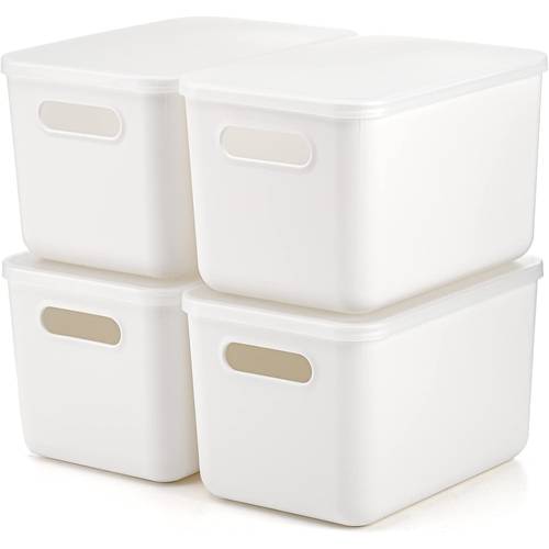 pack plastic storage bins with lid white stackable storage basket organizer box sturdy containers organizing lidded bins for shelves cabinet desk pantry bedroom book