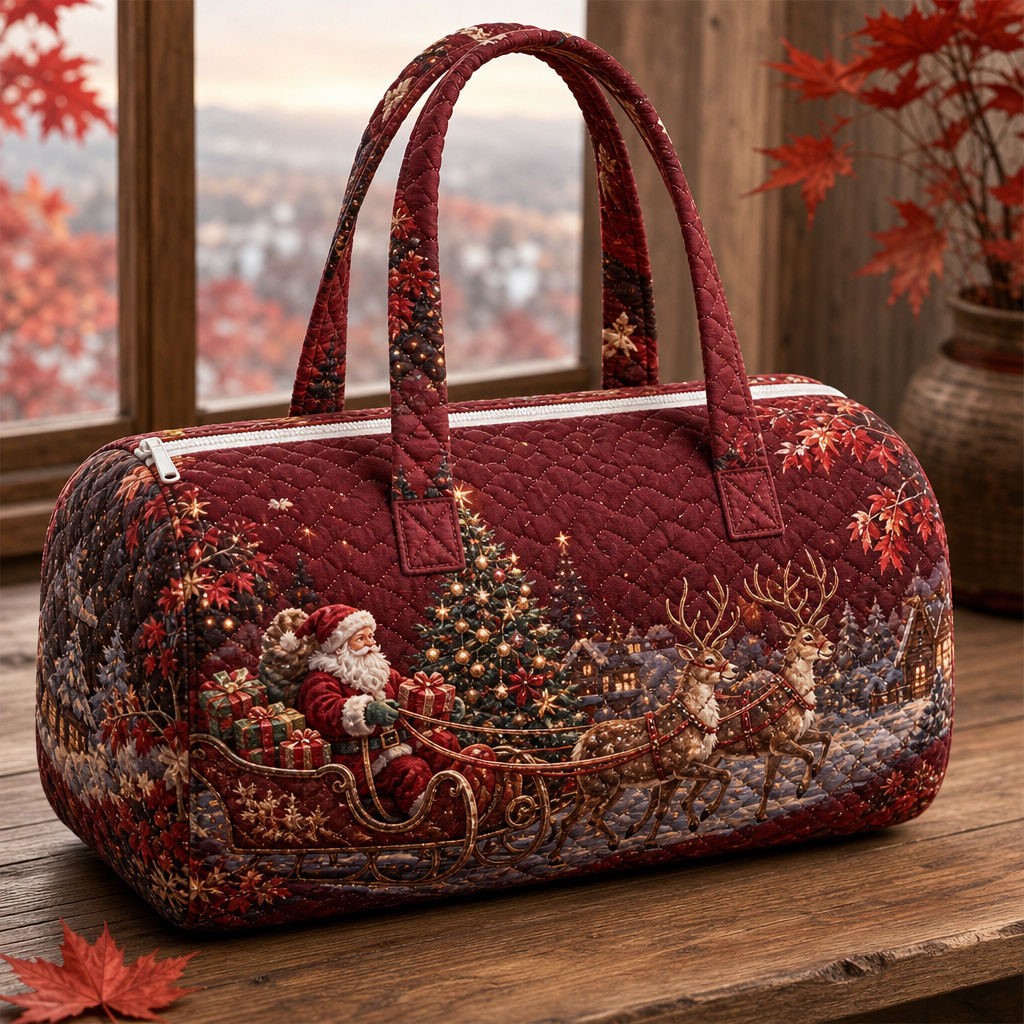 TEMU Quilted Santa Claus Sled And Reindeer Print Large Capacity Luggage Bag, Durable Portable Handbag With Festive Village And Christmas , Ideal Gift