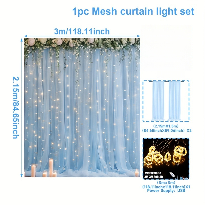 TEMU 2pcs 9.84ft X 7.05ft Sky Blue Photo Backdrop With Lights, Photobooth Props For Party Events, Perfect For Shower Parties, Weddings, Bridesmaid