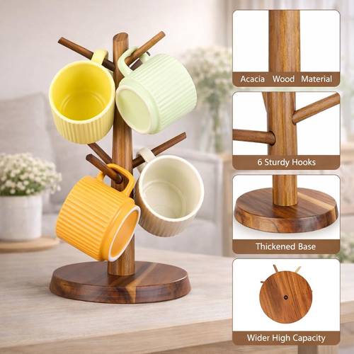 acacia wood mug holder tree 6 hooks wooden mug organizer for kitchen counter coffee bar easy to assemble natural ideal for small to medium mugs