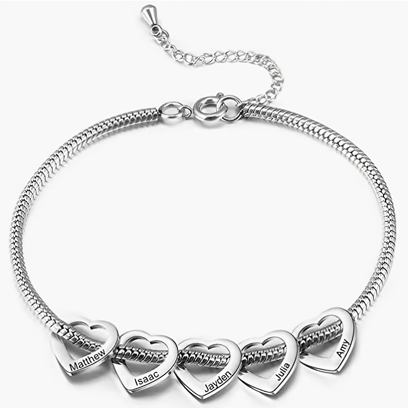 TEMU [customized Product] Personalized Stainless Steel Custom Family Name Bracelet, Heart Pendant Bracelet. Love, Family Names, Laser Engraving,