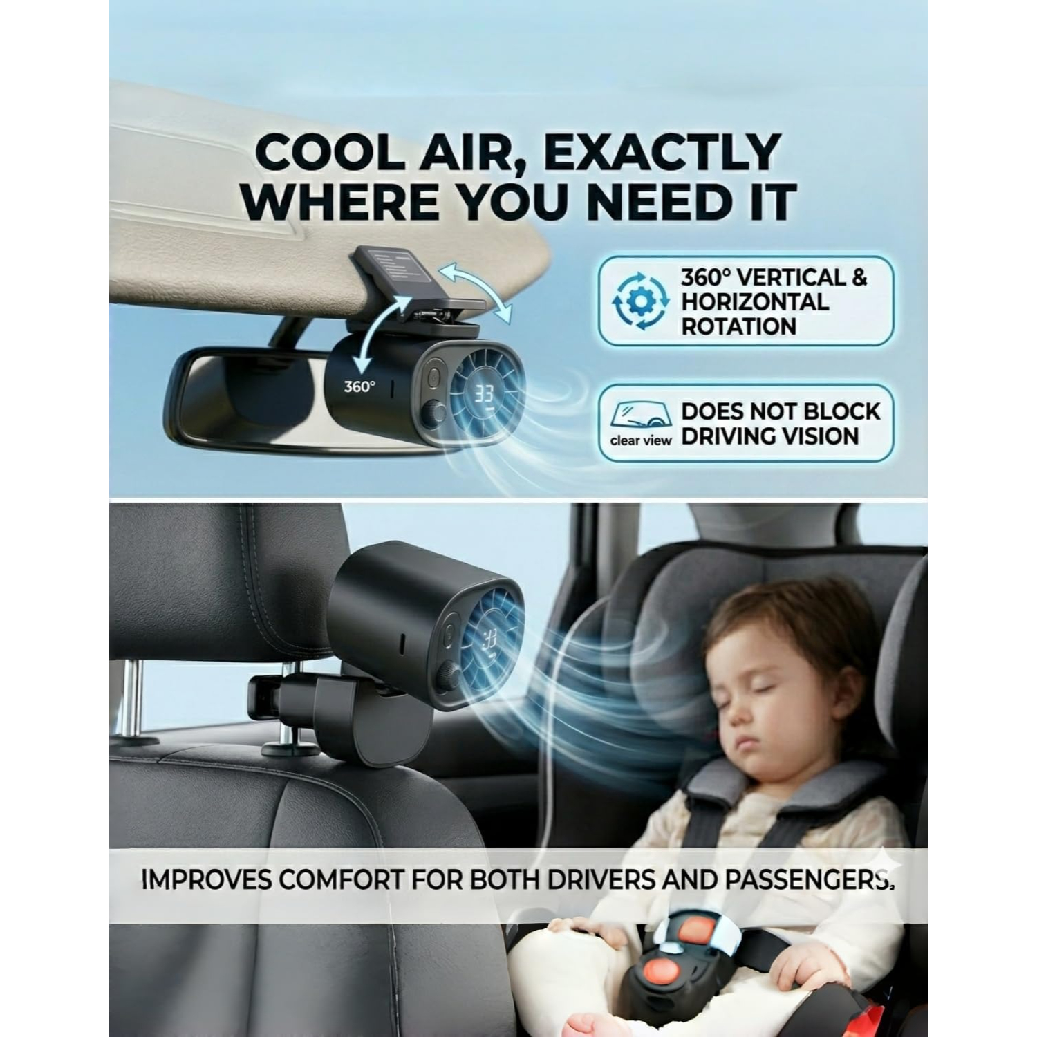 Car Clip-on Air Conditioning Fan, Cooler Compatible, 16 &deg; C Semi-cooling, 5-speed Adjustable Usb Charging Fan, 360 &deg; Rotating Compact Car Fan For Dashboard (white)