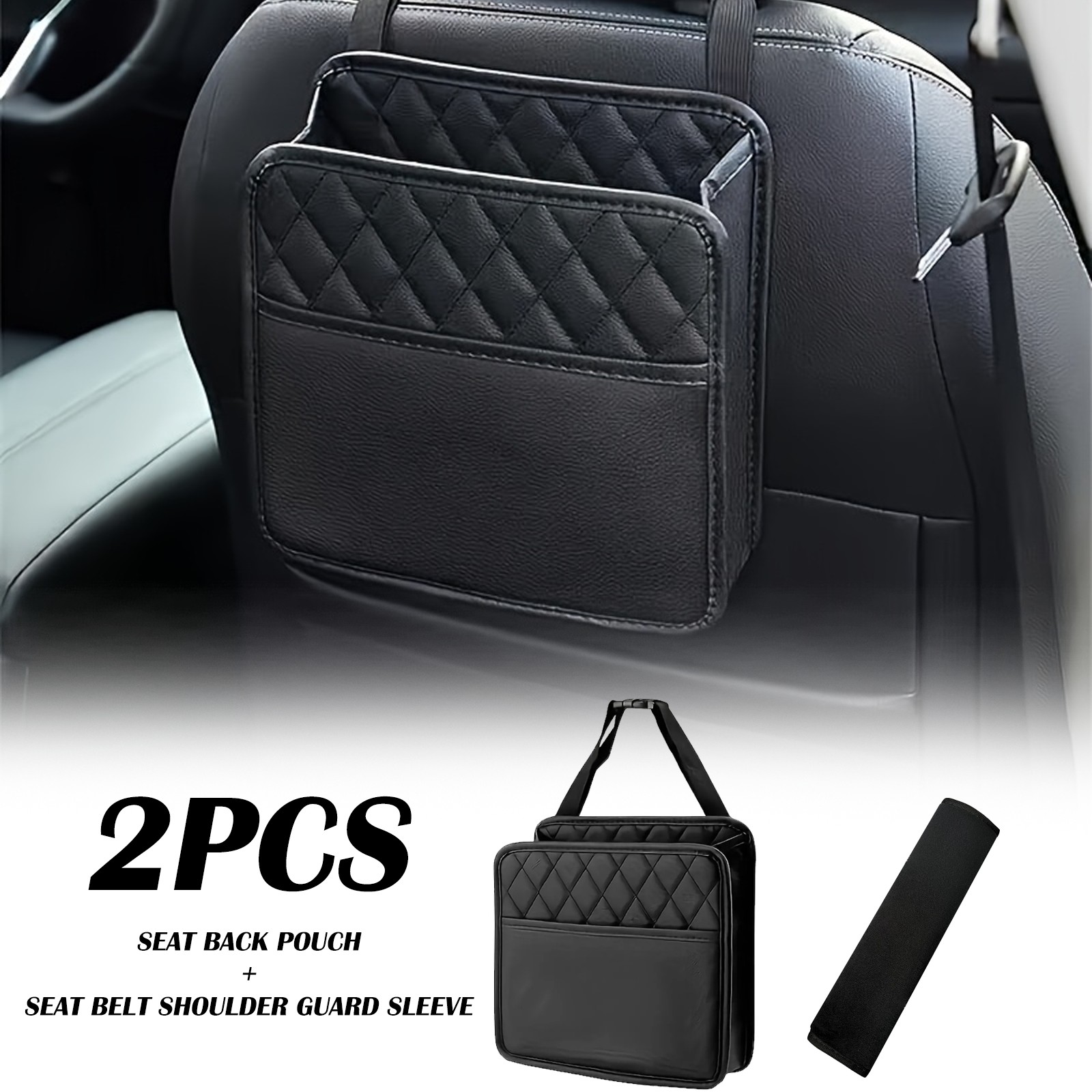 TEMU 2pcs Car Seat Back Hanging Bag And Seatbelt Shoulder Pad Set, Multi-functional File Organizer, Water Bottle Storage Box, Travel Organizer Bag,
