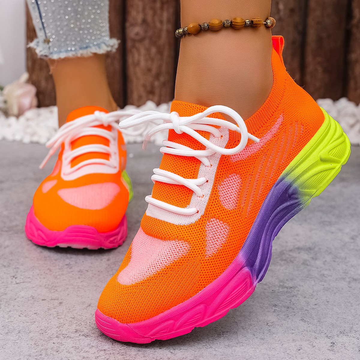 European And American Women's Gradient Color-block Mesh Sneakers, Stylish Versatile Lightweight Low-top Casual Shoes For Street Wear, Women Shoes