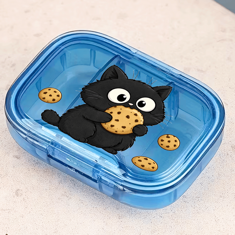 Image of 2d Flat Printing 1pc Portable Mini Storage Box With Weekly/daily Partition, Cartoon Illustration Of Black Cat Eating – Dustproof Medicine Box, Durable Plastic Organizer For Pocket, Purse, Work, Travel