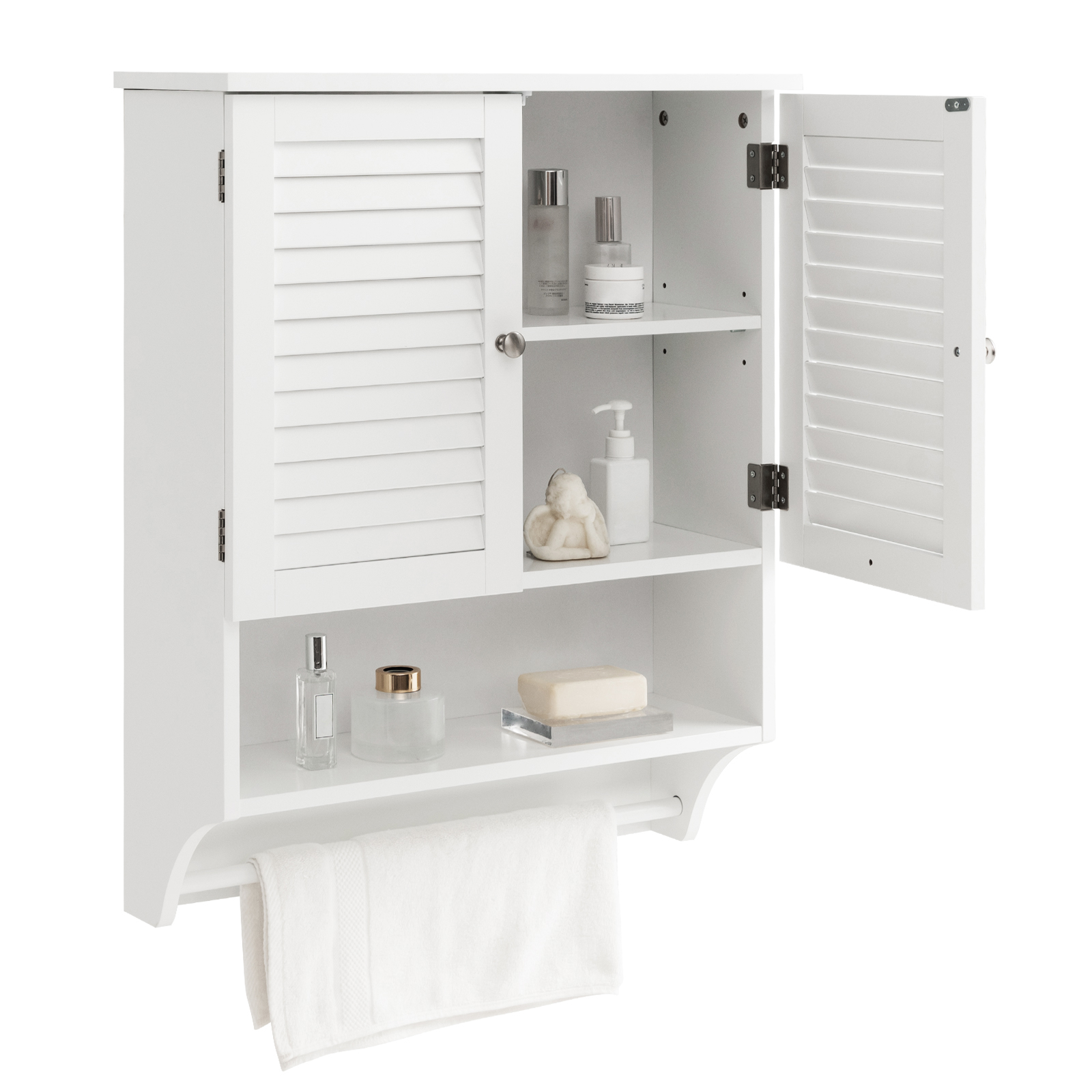 Image of Toilet Paper Storage Containers, With 2 Louvered Doors, 3-position Adjustable Shelf & Towel Bar, Wall Mounted Storage Cabinet For Bathroom, White, Toilet Paper Storage Containers