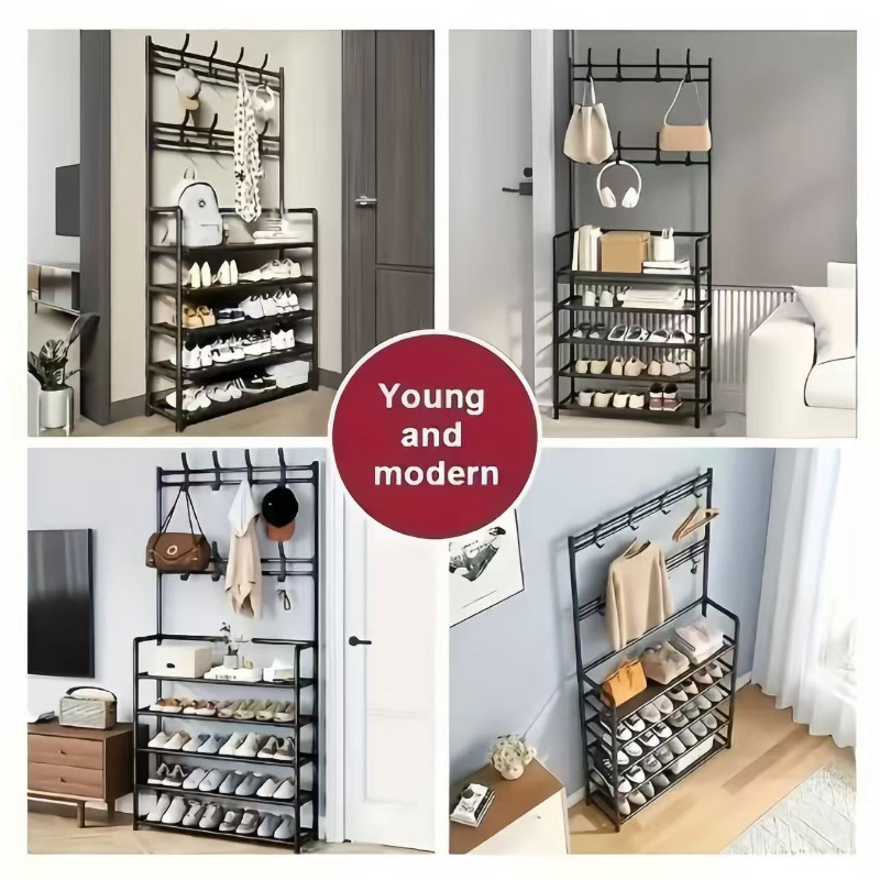 2027 New Coat Rack, Can Hang 8 Hats, 2pcs of Clothing, 10 Strings of Keys, 5-Layer Shelf Can Hold 15 Pairs of Shoes, Hanging Clothes, Hats, Bags + Multi-Layer Shoe Rack, Stable Load-Bearing, Household Living Room Entrance Integrated Storage Rack