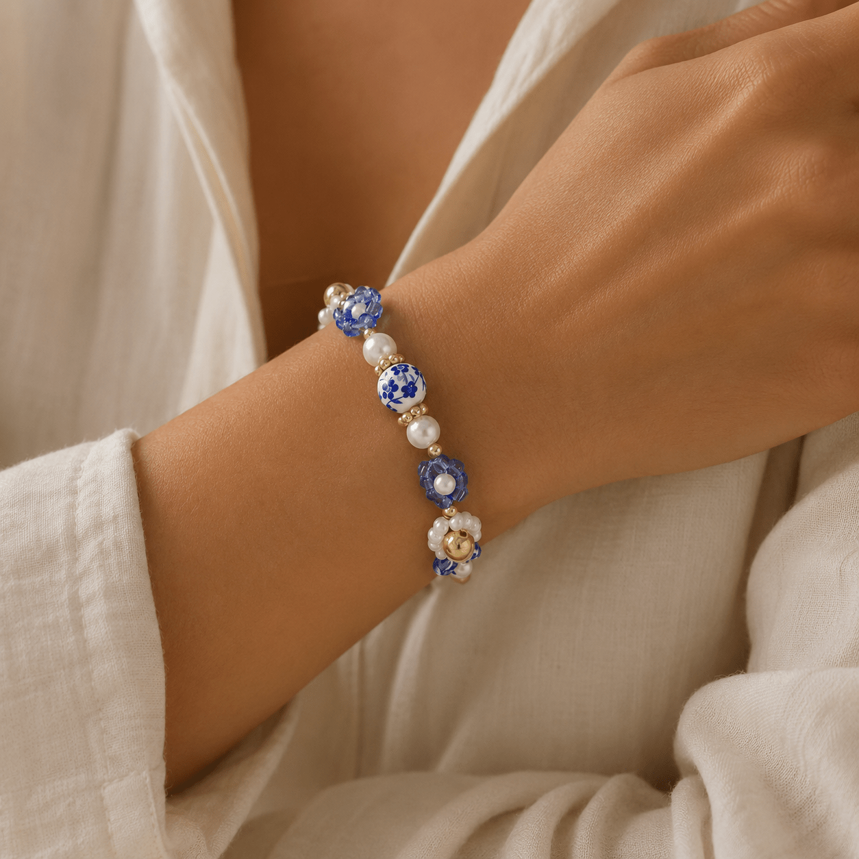 TEMU Pulsera ajustable de cuentas de 1 pieza para mujer, estilo bohemio con cuentas de porcelana azul y blanca, flor de cuentas de rocalla tejida a ,