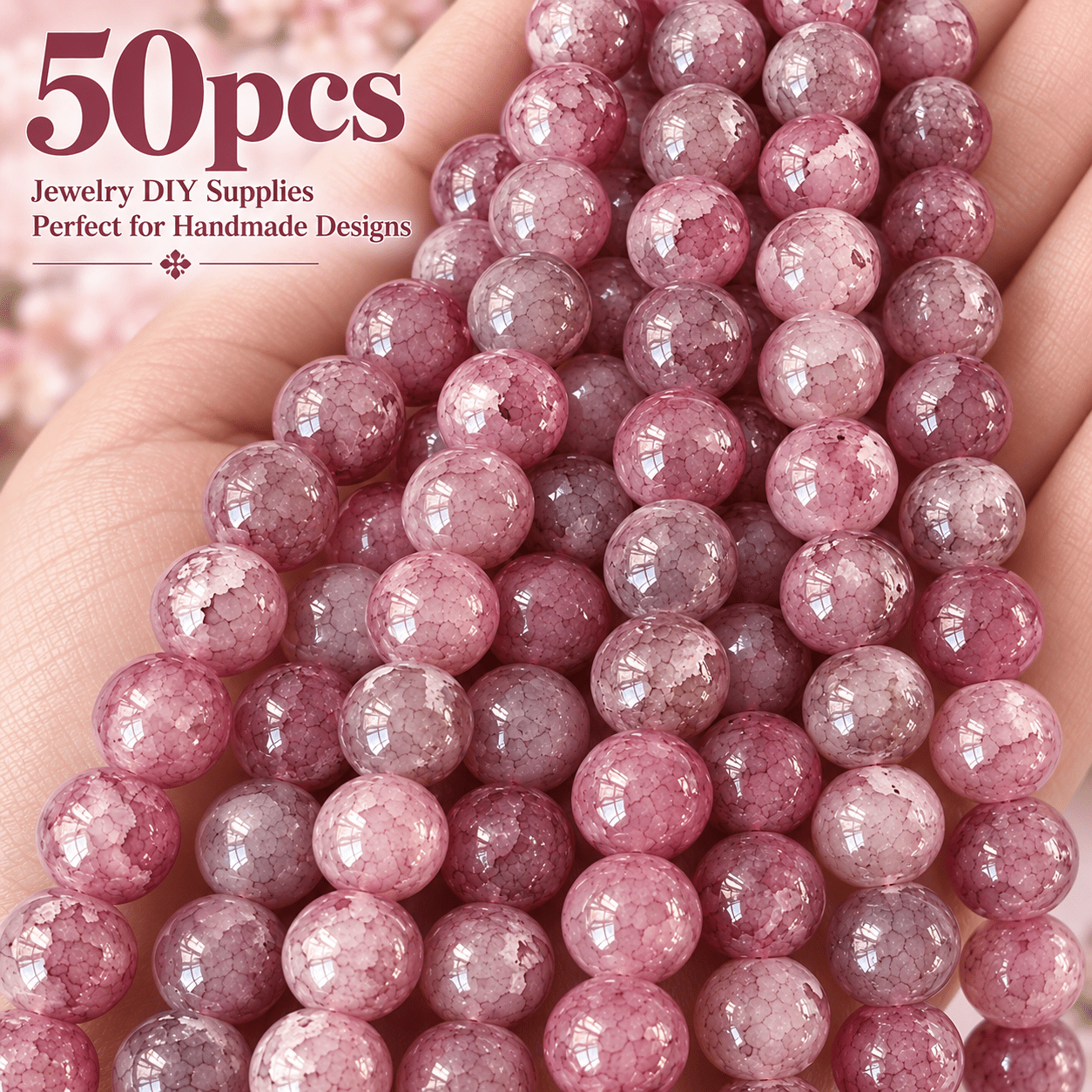 TEMU 50 piezas de cuentas con agujero de 8 mm con de hielo agrietado rosa-, cuentas decorativas para diseño artesanal, materiales de bricolaje,