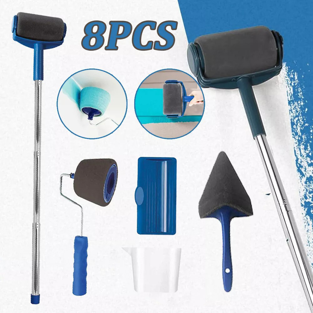 Image of Professional Painting Kit 3 Roller Brushes Triangular Edge Brush Detachable Extension Pole For Large Walls Corners Baseboards Window Sills