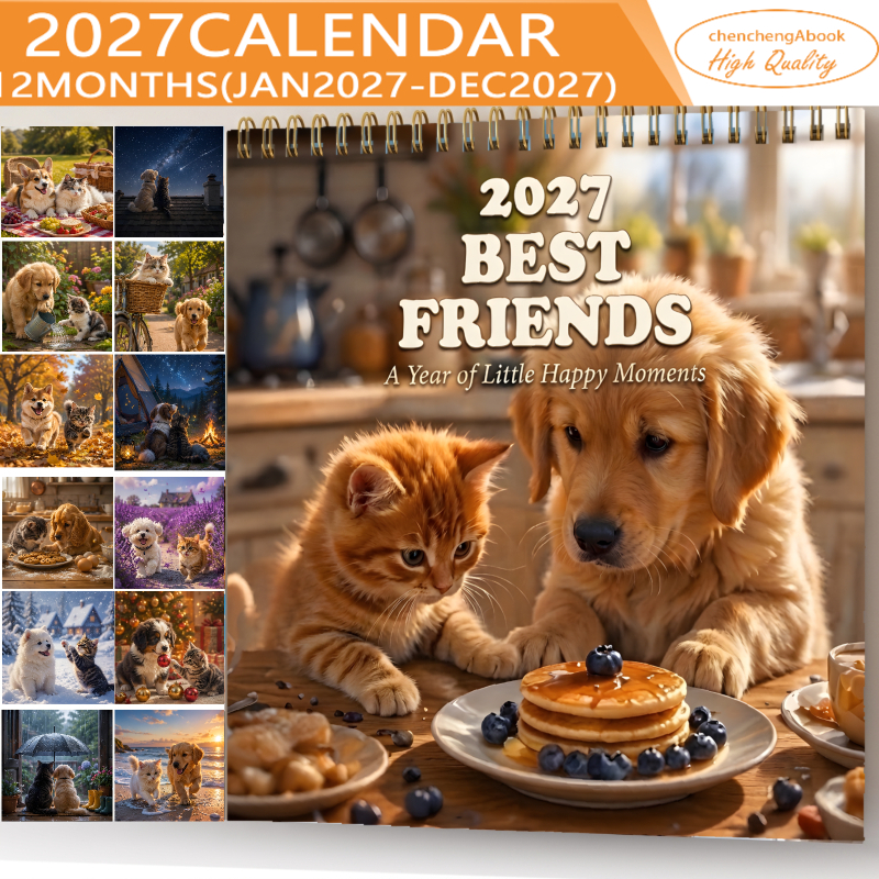 TEMU 2027 Full-year Calendar, Featuring Cute Puppy And Kitten Photos, Suitable For New Year And Birthday Gifts, Large Font Date Labels, Lightweight