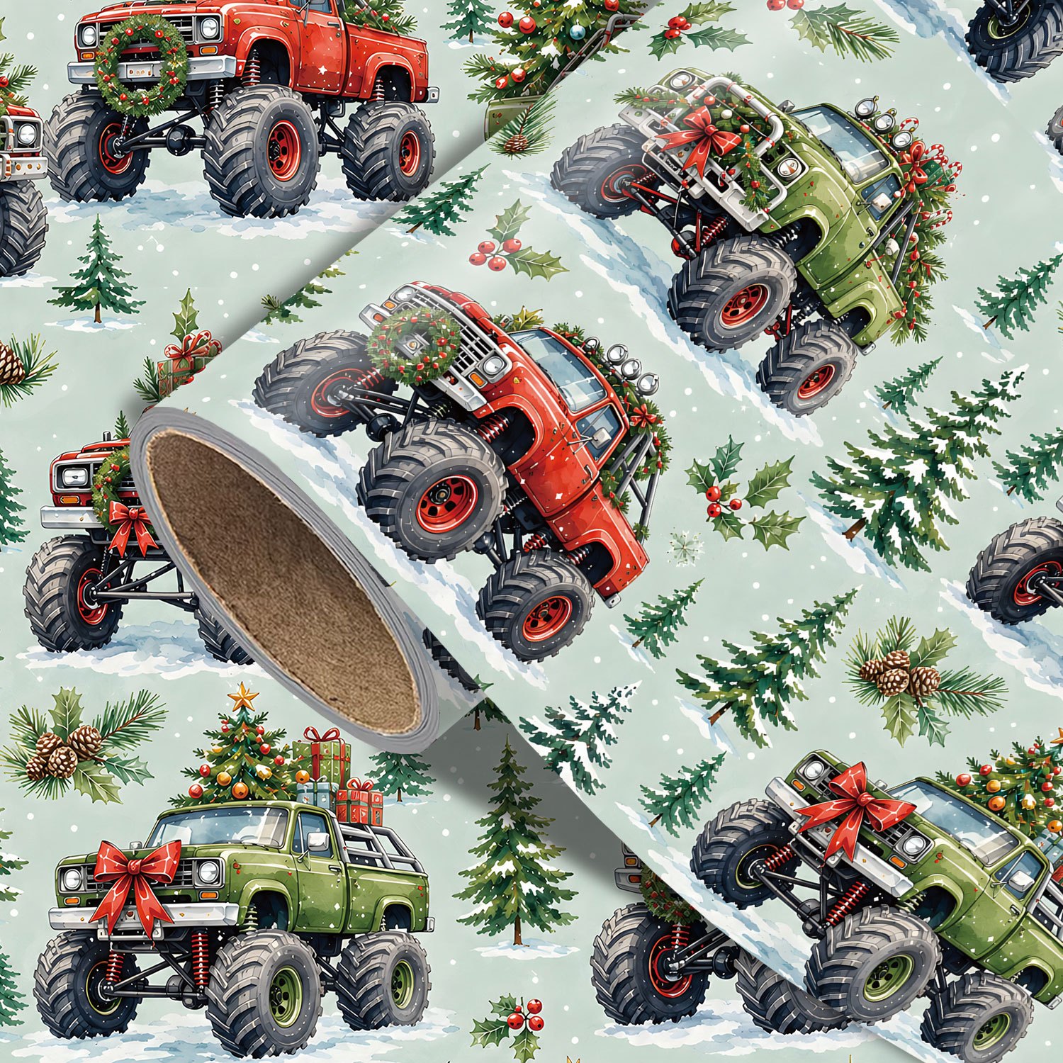 TEMU Roll Christmas Monster Truck Wrapping Paper Suitable For Xmas Gifts, Birthday Party Decorations - Off-road Truck, Pine Tree & Holly Designs,