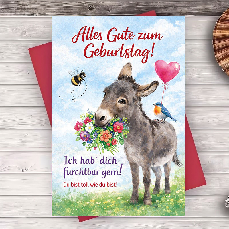 TEMU 2pcs (one Envelope And 1 Greeting Card)birthday Greeting Card With Cute Donkey Holding Flowers Perfect For Or Coworkers To Special Moments With