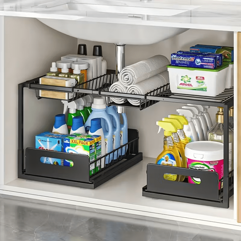 Adjustable Double-tier Under-sink Storage Rack, Metal Cabinet Shelf, Extendable Vertical Utility Rack, For Kitchen & Bathroom Cabinets, Essential Organizer For Under-sink Space, 65-73**28cm/