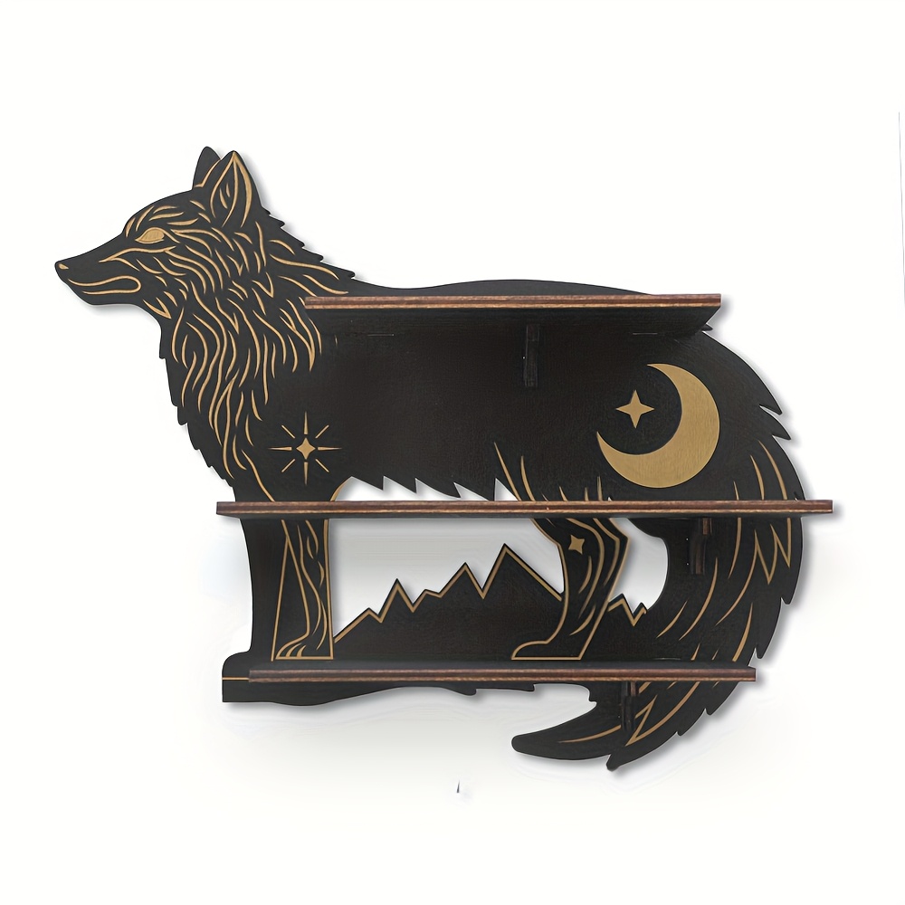 TEMU Gothic Style Wolf Pattern Themed Floating Storage Rack | Hanging Storage Rack With Mysterious Symbols, Moon And Stars - Artificial Wooden Shelf