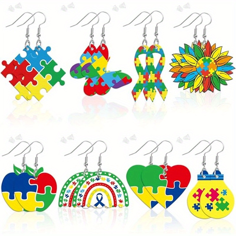 TEMU 8 Pairs Autism Awareness Puzzle Earrings For Women - Colorful Double-sided Acrylic Pendant Earrings, 8 Unique Geometric Designs, Lightweight