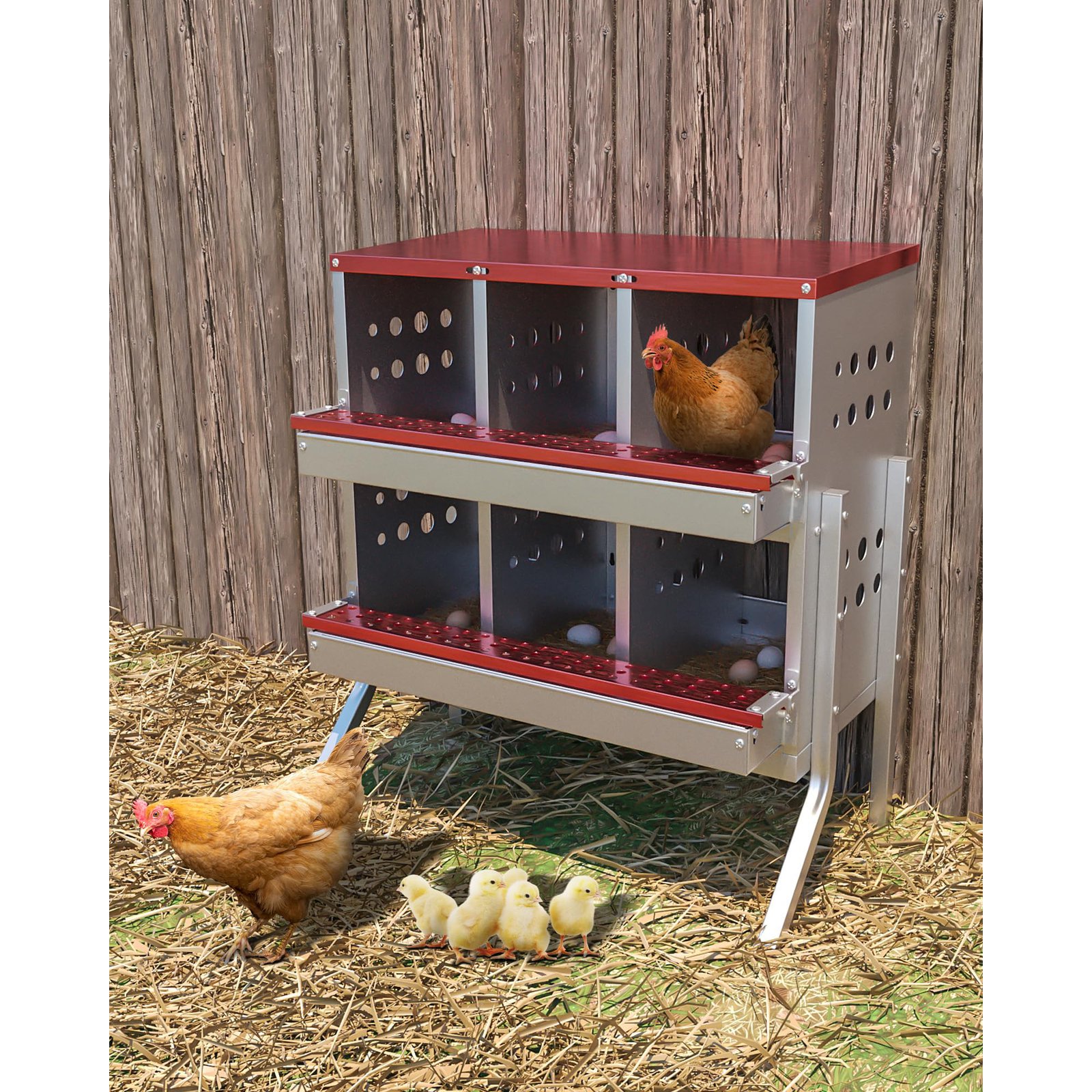 Chicken Nesting Box, 6-compartment Wall Mount Or Stand Hen Laying Box, Rust-resistant Metal Nesting Boxes With Breathable Holes & Resting Platform For Collection