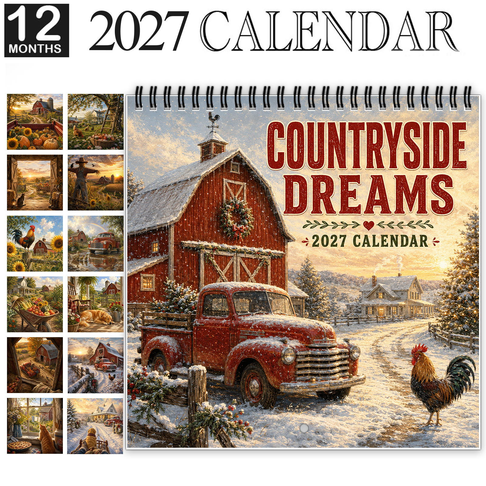 TEMU 1pc 2027 Countryside Wall Calendar, Spiral-bound 12-month Pastoral Scenery Calendar With Large Date Blocks, Features Life And Scenery, Aesthetic