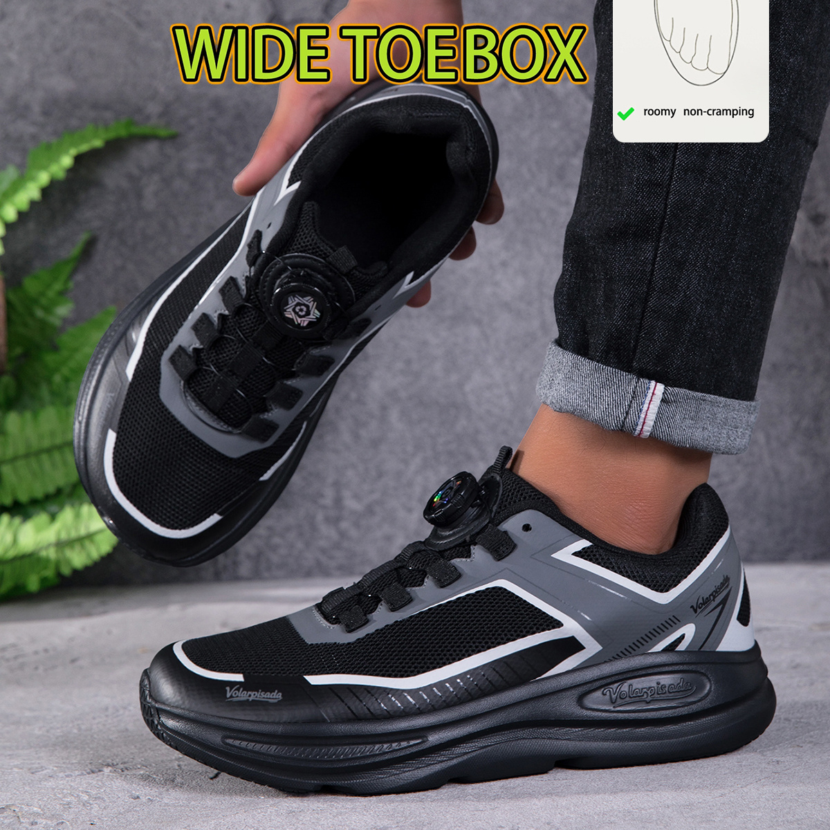 Image of Men' Wide Toe Thick Sole Casual Sneakers, Breathable Mesh Keep Feet Dry, Rotary Knob Laces, Toe Box For Wide Feet, Cushioned Thick Platform Ease Foot Soreness Wide Fit Shoes