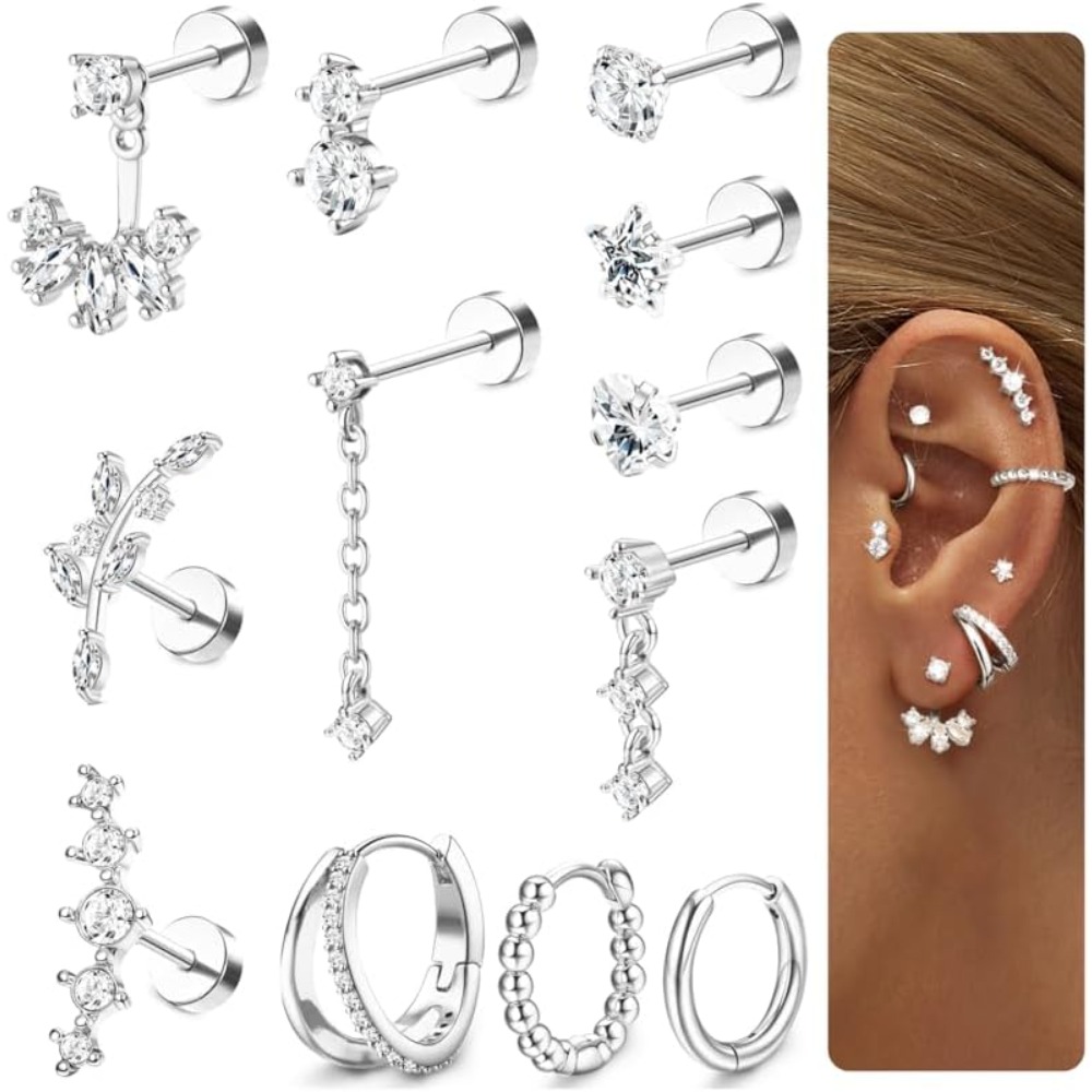 2d Flat - 12pcs Helix Piercing Jewelry Surgical Steel Flat Back Earrings For Women Hypoallergenic Tragus Cartilage Earrings Set Helix Hoop Studs Silverygolden Conch Daith Tragus Piercing Jewelry 16g
