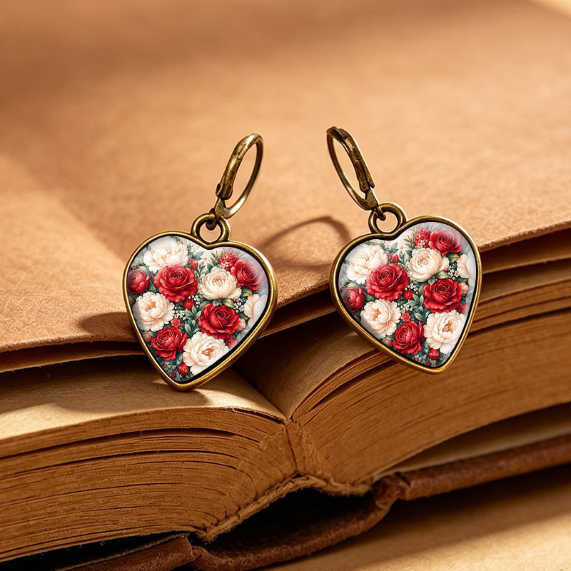 Unisex Vintage Heart-Shaped Glass Dome Dangle Earrings
