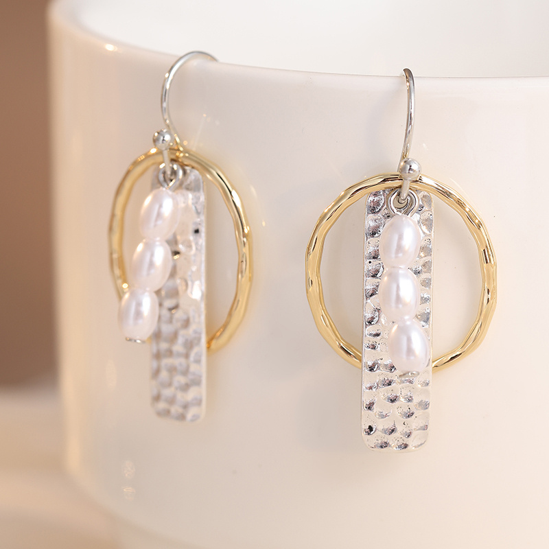 Bohemian Style White Round Beads & Oval Hollow Pendant Earrings