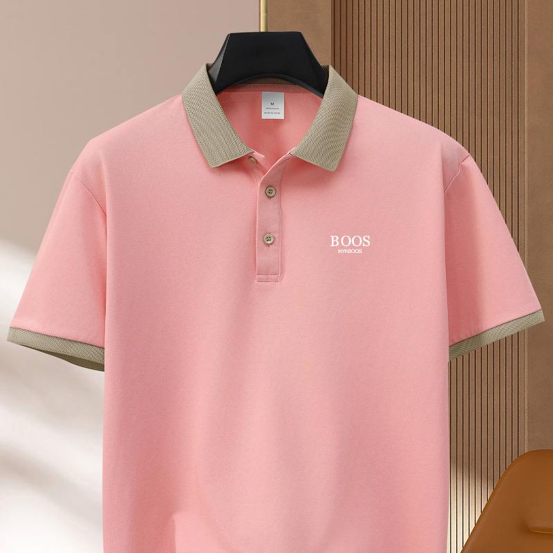 

Men's Pink "boos" Nykboos Shirt - With Khaki Collar, Short Sleeves, Comfortable Polyester , Ideal For Golf And Outdoor Activities