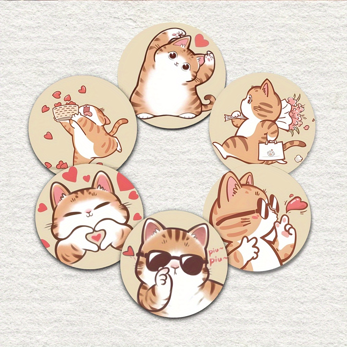 TEMU 6 stuks Hart Kat Houten Onderzetters - Antislip Hittebestendige Drankonderzetters met Schattige Kattenillustraties & Hartmotieven - Perfect voor