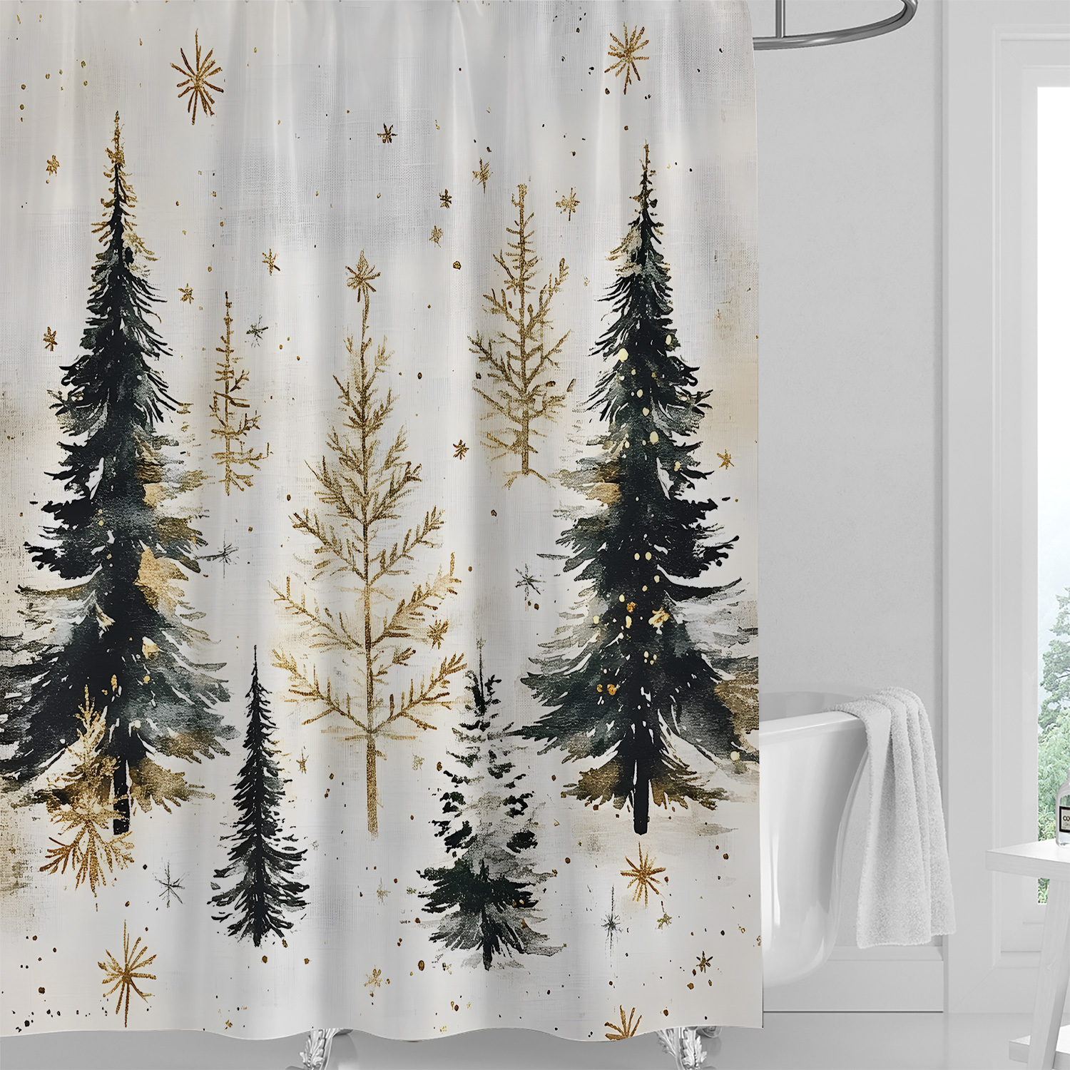 

1 Piece Of Vintage Winter Christmas Tree Print Waterproof Shower Curtain, Curtain For Windows With 12 Hooks