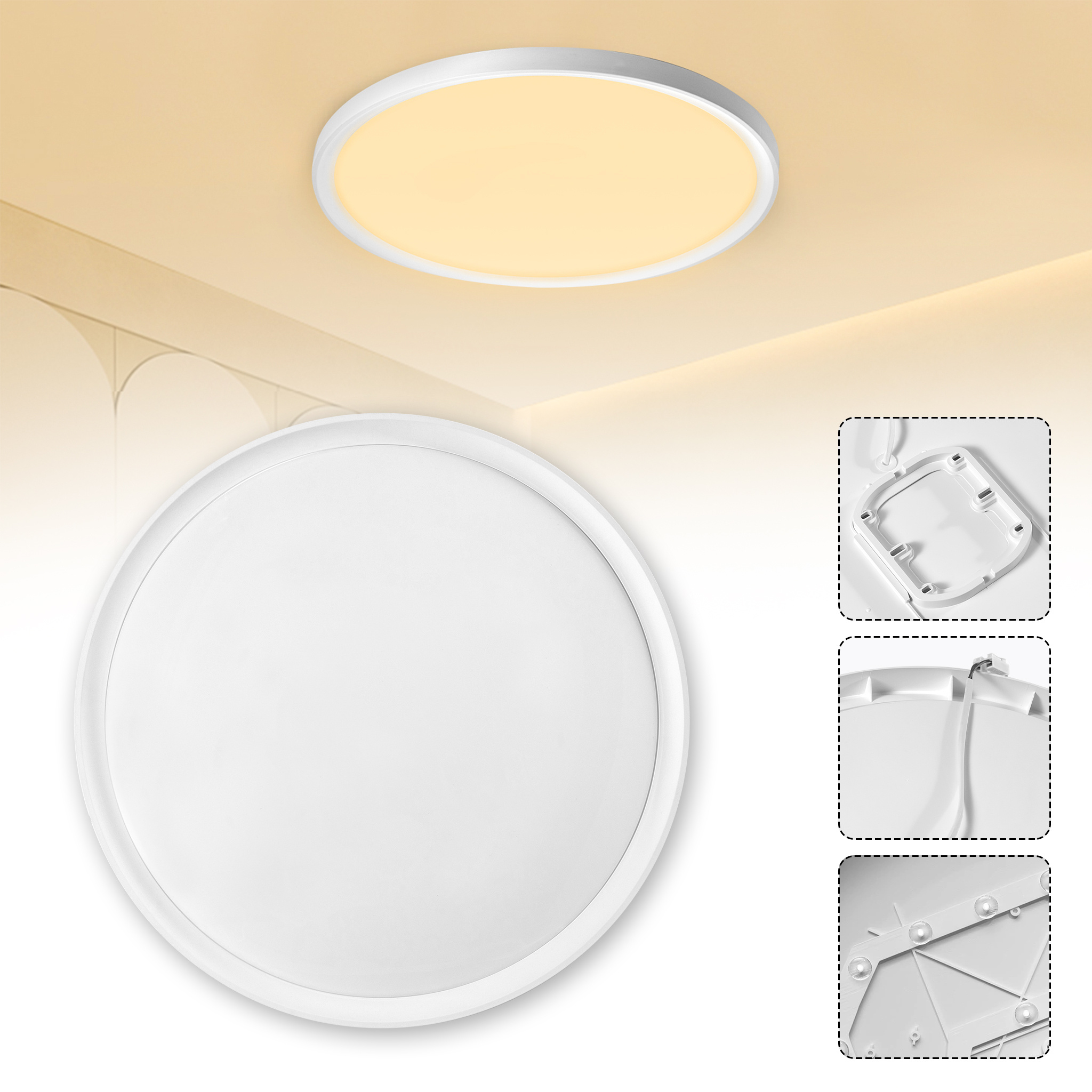 

Modern Flat Round Led Ceiling Light - Warm , Ip44 Waterproof, 220v Hardwired Installation - For Rooms & Bathrooms