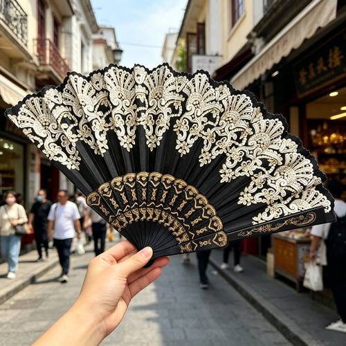 4pcs spanish wind portable folding fan retro floral handheld fan suitable for weddings balls summer cooling black and golden color folding fan suitable for parties outdoor activities with elegant patterns