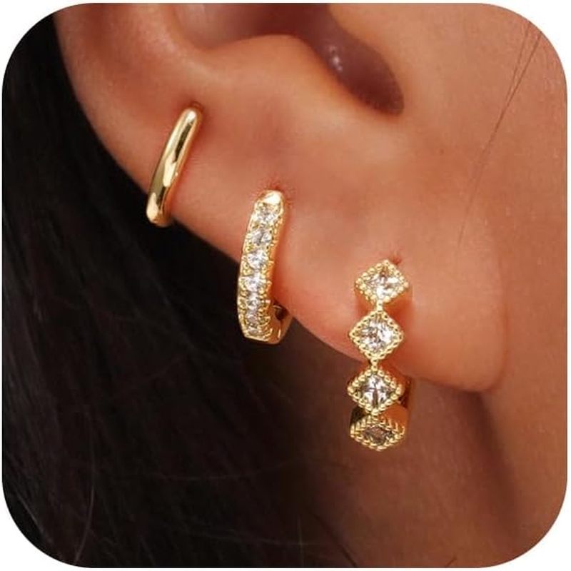 Image of 3pcs Golden Hoop Earrings Set For Women Trendy, Zirconia Hoops Cute Cubic Zirconia Dangle Stud Earrings Jewelry Gifts