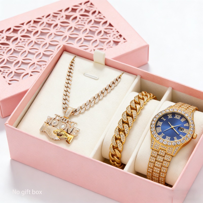 TEMU Luxury Bohemian Cuban Bracelet & Watch Gift Set - Chronograph Wristwatch With Matching Bracelet Suitable For Christmas, Birthdays, Valentine's