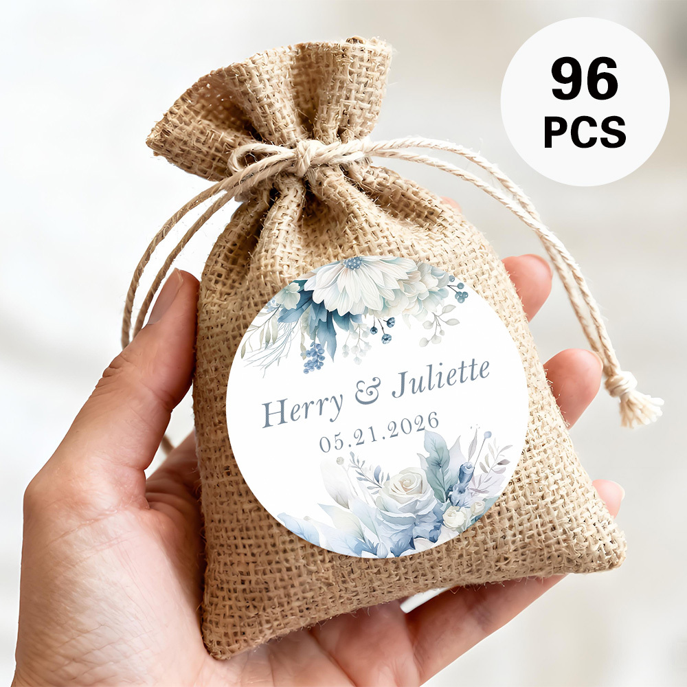 TEMU Calcomanías redondas personalizadas para , disponibles en sets de 48 o 96, con un diseño de acuarela con flores azul y blancas en un estilo