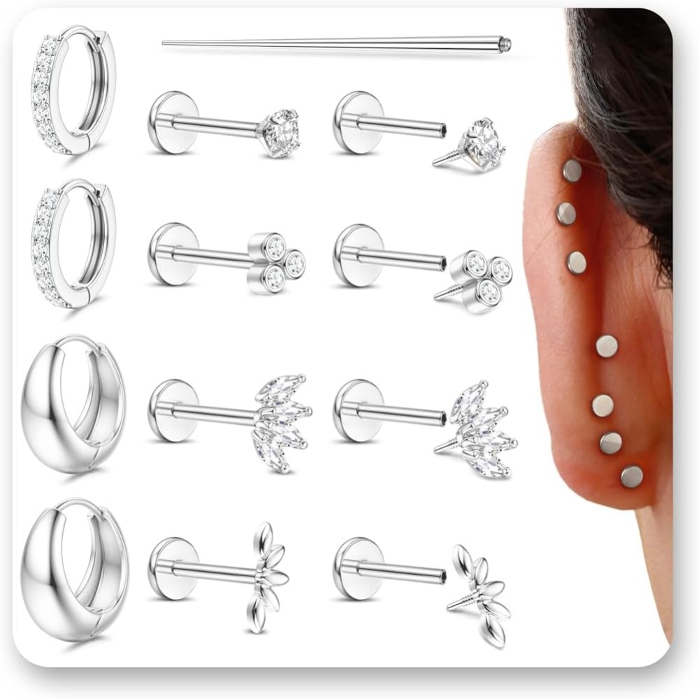 2d Flat, 6 Pairs Flat Back Stud Earrings Golden Filled Internal Thread For Multiple Piercing