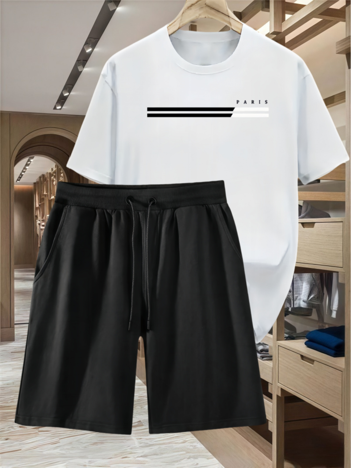 Two-Piece Casual Sports Set Featuring a Loose-Fitting Round-Neck Digital Print T-Shirt And Drawstring Shorts, Suitable for Both Men And Women, Perfect for Summer Beach Activities.