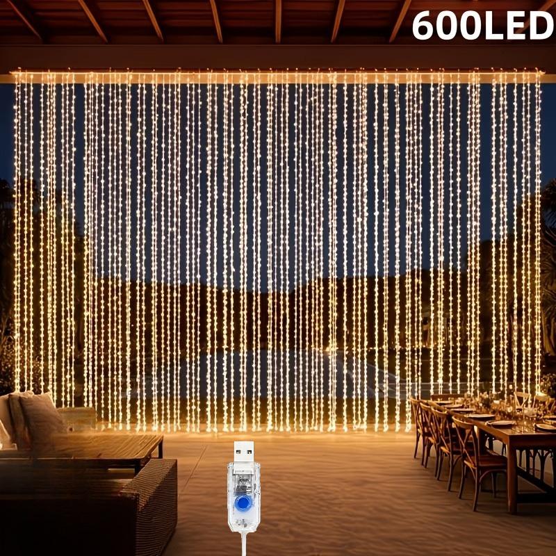 TEMU 1 Packung 600 LED Vorhang-Lichterkette mit Feen-Lichtern, USB-Stecker mit 8 Beleuchtungsmodi, Außenbeleuchtung für Terrasse, Garten, Hochzeit,