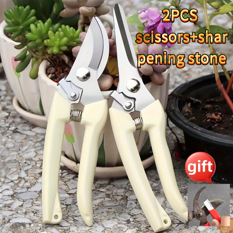 TEMU 3 PCS2 Ciseaux + 1 à aiguiser) Cisailles d'entretien de jardin en acier inoxydable, professionnelles, blanches, avec poignée ergonomique et