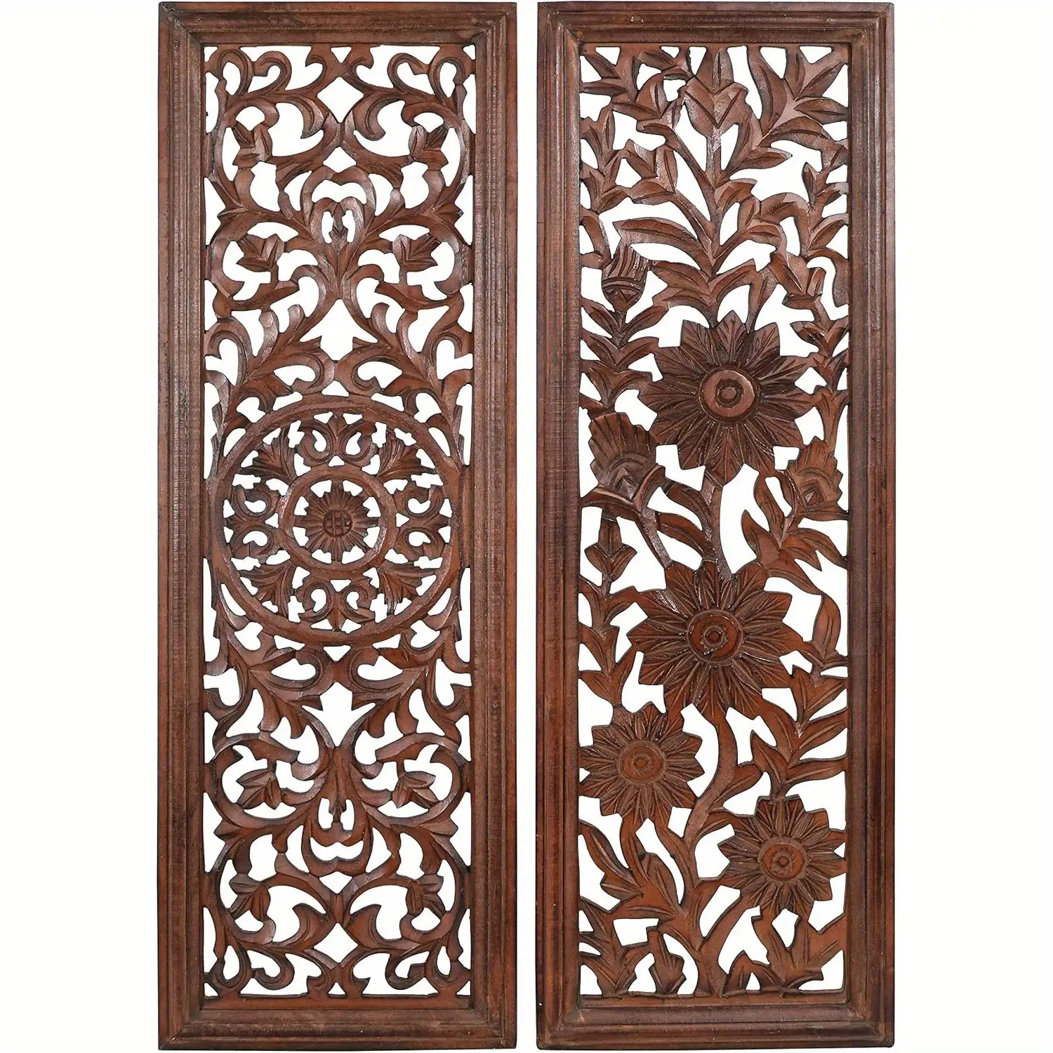 Set of 2 Large Flat Hollow Carved Wooden Art Pieces (22X66 Cm) for Wall Decoration,   a Farmhouse Style. Ideal for Enhancing The Decor of Living Rooms, Kitchens, And Dining Areas,   in a Caramel  .